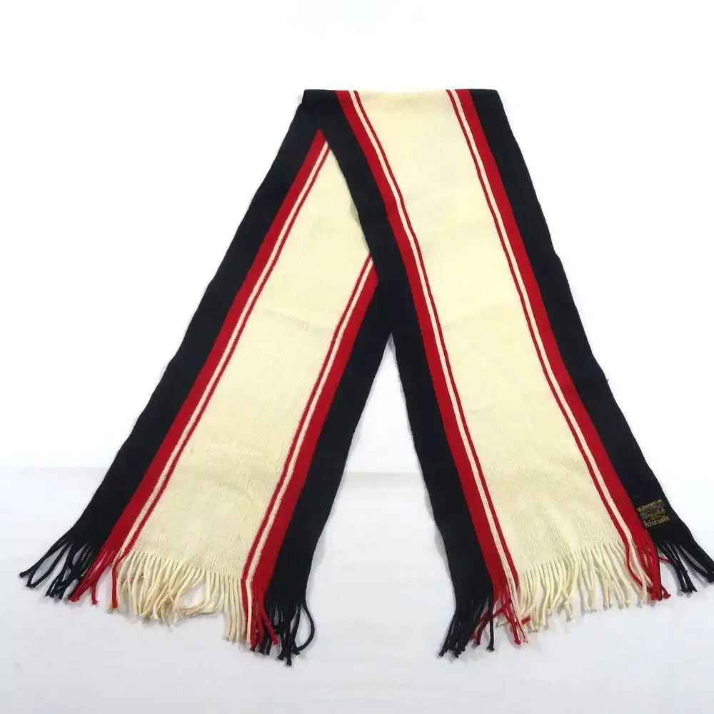 Schurwolle Wool Scarf With Fringe 52x9 Navy Blue Ivory Red Striped 1960s Vintage